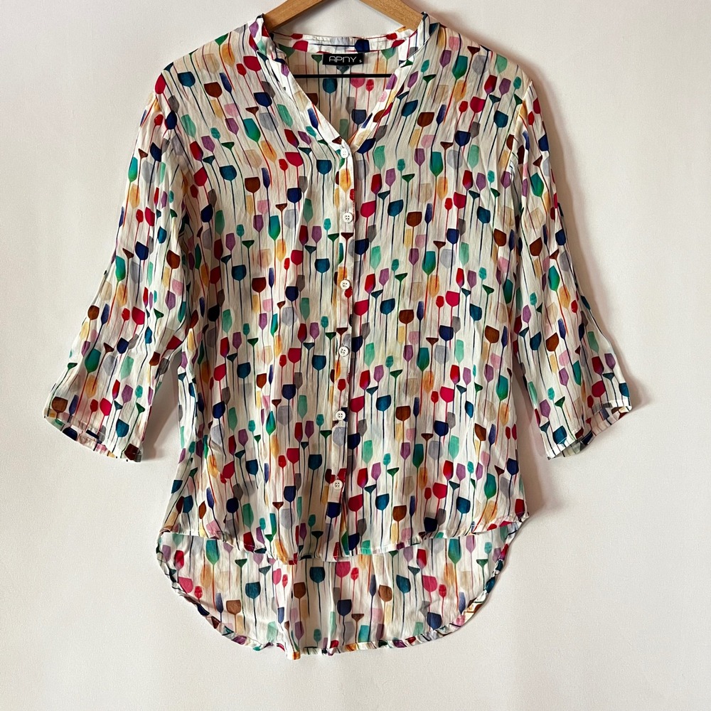 Apny White Allover Wine Glass Print Button Down Blouse Size Small Whimsical